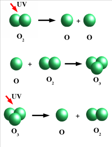 Schematische voorstelling van de fotochemische vorming en afbraak van ozon in de atmosfeer.