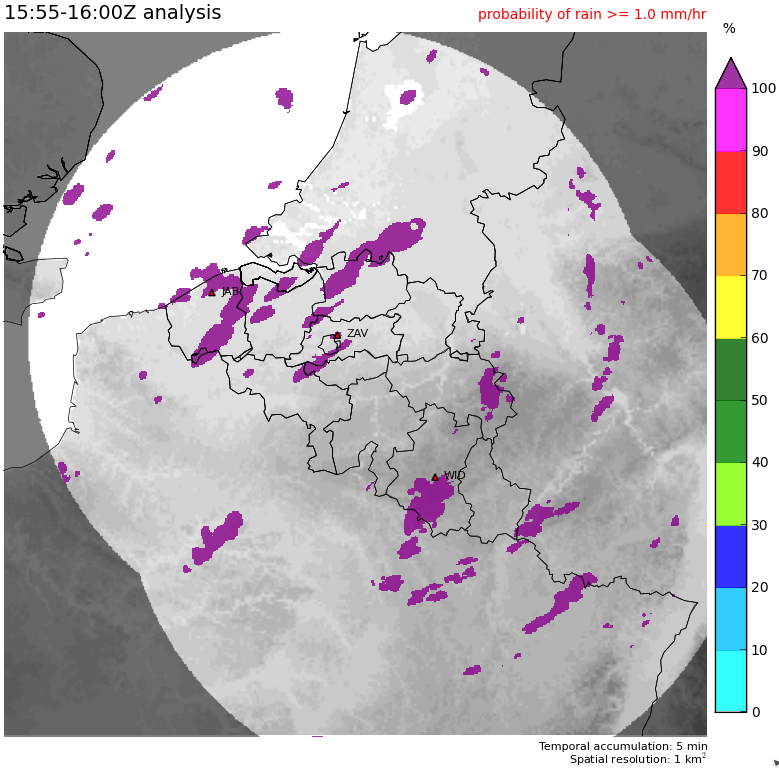 Carte montrant la probabilité de précipitations modérées (>1mm/heure), sur base des observations de l’heure précédente.