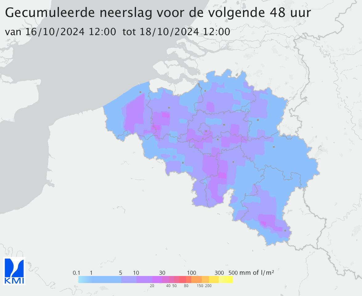 Verwachte neerslagtotalen volgende 48h